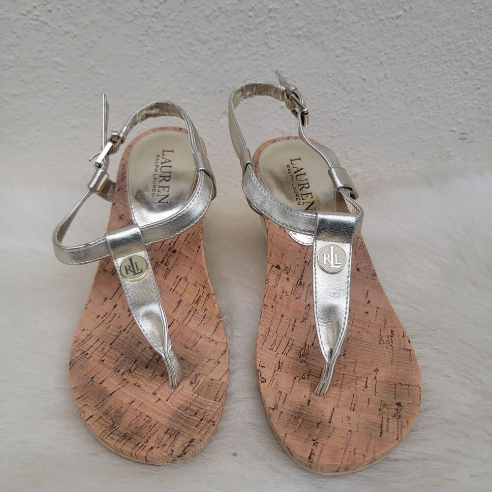 Lauren Ralph Lauren REETA Sandals Cork Wedge Heel Sandals Sz 6 Gold/Cream preppy